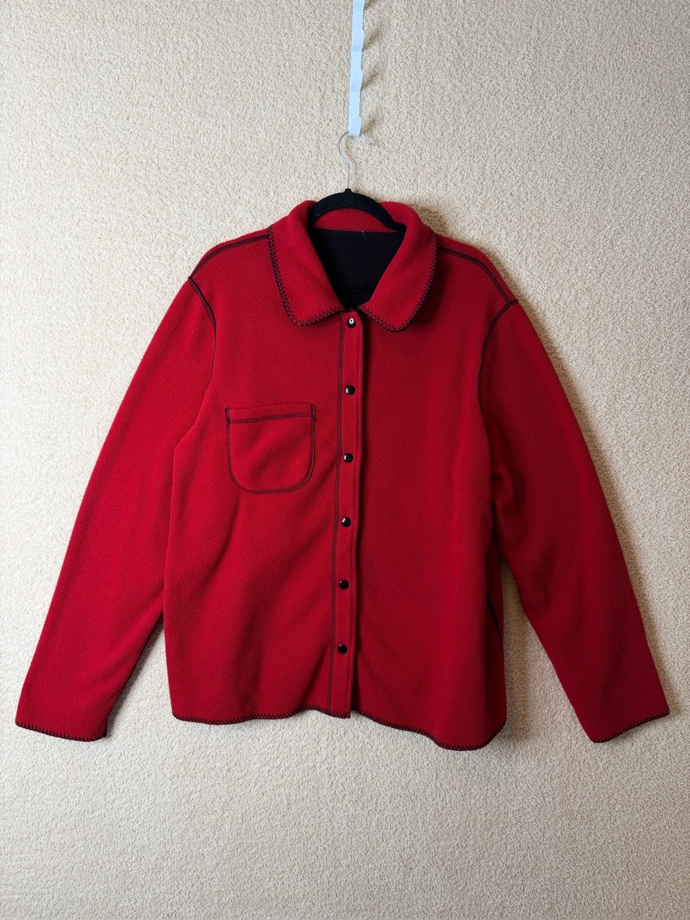 Women’s Red Fleece Button Front Jacket Black Contrast Stitching Size XL